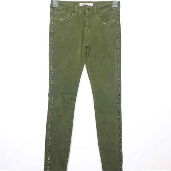Zara Embellished Stripe Skinny Jeans 4 Green